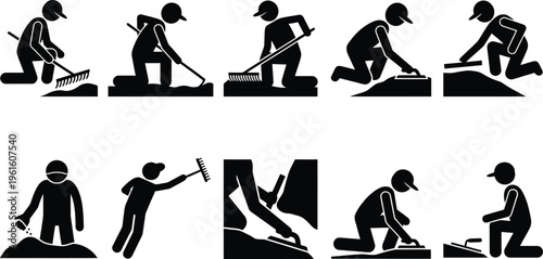 Illustrations de pictogrammes représentant des ouvriers effectuant diverses tâches de construction et de finition de surfaces, comme l'étalage et le lissage de béton ou de ciment.