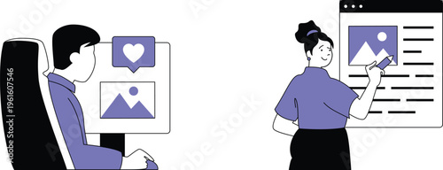 A person viewing social media likes and shares while another engages with a website on a tablet device