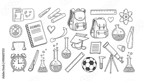 Education Essentials: A charming collection of school-related doodles includes backpacks, notebooks, and science elements.