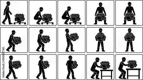 Séquence illustrant les étapes correctes pour soulever un objet lourd en toute sécurité, montrant la posture et le mouvement.