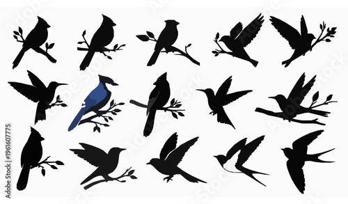 Decorative Bird Silhouettes on Branch Flying Birds Vector Collection