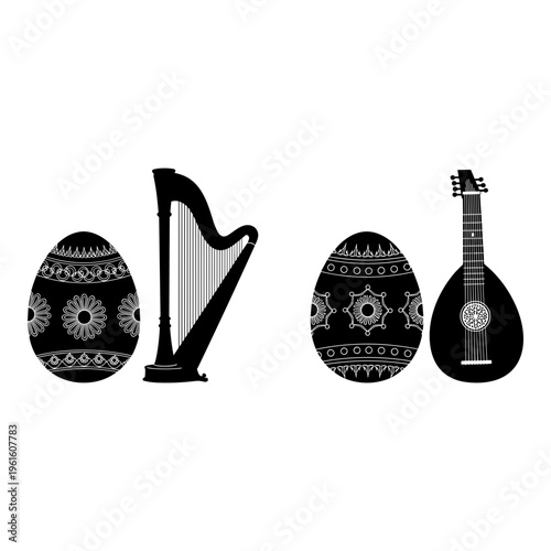Traditional Ukrainian Easter eggs, harp, and mandolin, black and white vector icons