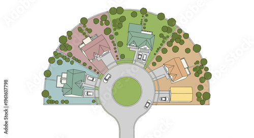 Suburban Cul-de-Sac Neighborhood Site Plan Illustration with Houses and Landscaping