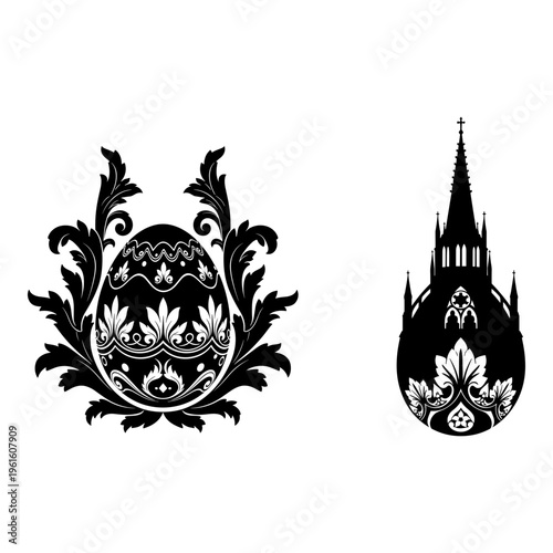 Easter egg icons, black floral designs, decorative elements, vector illustrations