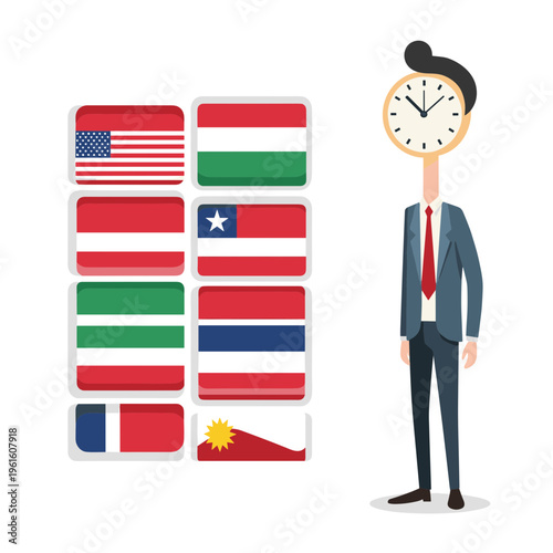 International Flags Set with Businessman and Clock
