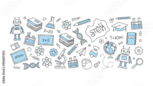 STEM Education Doodle: A collection of hand-drawn STEM elements, highlighting the key concepts and tools used in science, technology, engineering, and mathematics education.