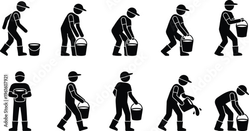 Séquence d'illustrations de pictogrammes montrant une personne utilisant un seau et un arrosoir pour des tâches de jardinage ou de travail manuel.