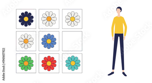 Floral Puzzle Game with Character Flat Vector Design