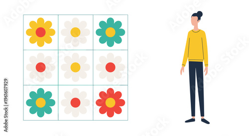 Flower Matching Puzzle Grid Flat Vector Illustration