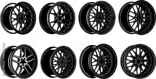 Geometric Deep Dish Alloy Rim Silhouette Vector for Modern Automotive Customization and Forged Wheel Marketing