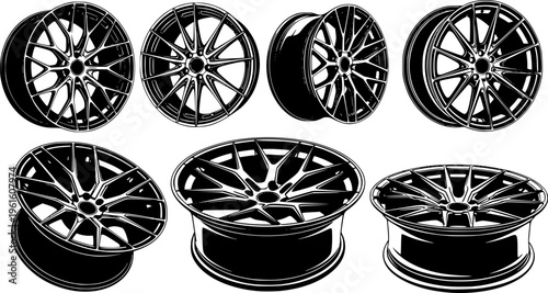 Geometric Deep Dish Alloy Rim Silhouette Vector for Modern Automotive Customization and Forged Wheel Marketing