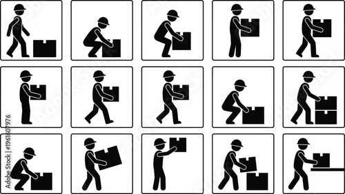 Manual handling safety icons, set of 15 warehouse worker silhouette pictograms, industrial lifting and carrying posture signs for workplace training
