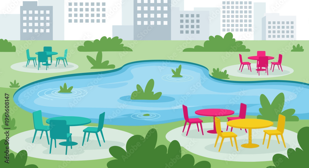 Fototapeta premium Modern City Park Illustration with Colorful Outdoor Tables, Pond, and Urban Skyline Background