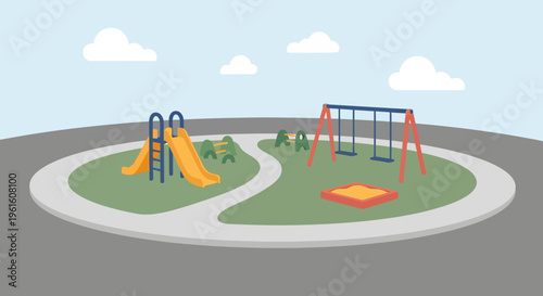 Minimalist Flat Vector Illustration of a Colorful Children's Playground with Slide, Swings, and Sandbox in a Public Park Setting