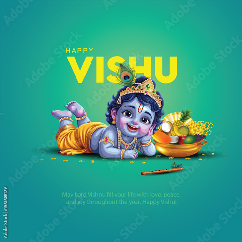 Happy Vishu greetings. April 14 Indian Kerala festival with Vishu Kani, vishu flower Fruits and vegetables in a bronze vessel. abstract vector illustration design