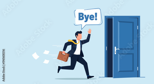 A joyful businessman in a dark suit and yellow tie sprints excitedly toward an open blue door, leaving behind a trail of flying white papers as he waves and happily shouts "Bye!" to the office behind