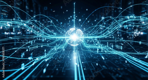 Abstract Digital Network with Glowing Core and Interconnected Lines.
