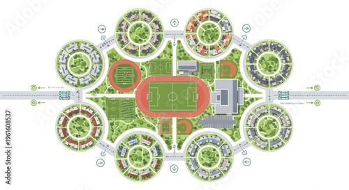 Aerial View of a Modern Sustainable Urban Master Plan with Circular Residential Clusters and Central Sports Complex