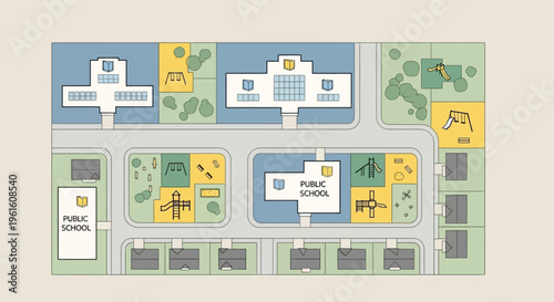 Flat Minimalist Neighborhood Map Illustration Featuring Public Schools, Residential Housing, Playgrounds, and Parks for Urban Planning and Education Concept