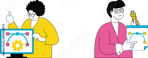 Two professionals collaborating on a digital workflow and design project with tools and diagrams on screens