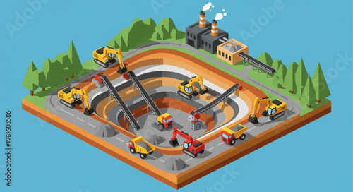 Isometric Mining Operation with Trucks and Factory Illustration.