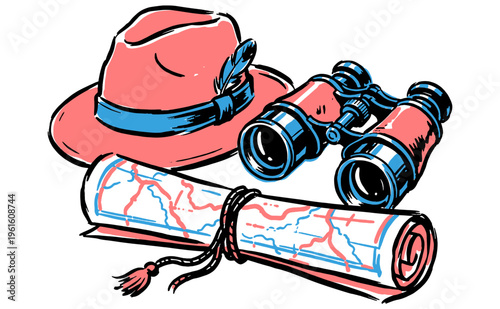 Explore wild nature. Adventure travel gear artwork. Hat, binoculars and map illustration for posters, stickers and outdoor club branding.