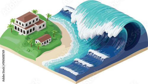 Stylized illustration of massive ocean wave approaching coastal island with buildings, palm trees, and sandy beach, artwork concept for tsunami, disaster, nature, environment, and design projects
