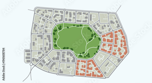 Urban City Plan Vector Illustration with Central Green Park, Residential Blocks, and Street Map Layout