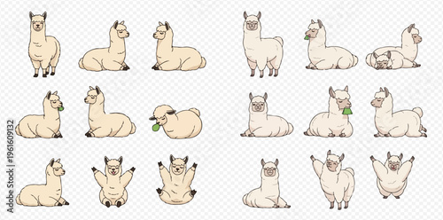 Cute cartoon llama or alpaca characters in various poses and actions, isolated on a transparent background.