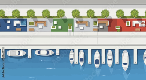 Top View Illustration of a Modern Luxury Marina with Docked Yachts and Colorful Waterfront Lounge Areas