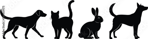 Pet Animal Silhouette Set with Dog Cat and Rabbit Shapes Domestic Animals Collection for Logo Design Icons and Cute Wildlife Illustration