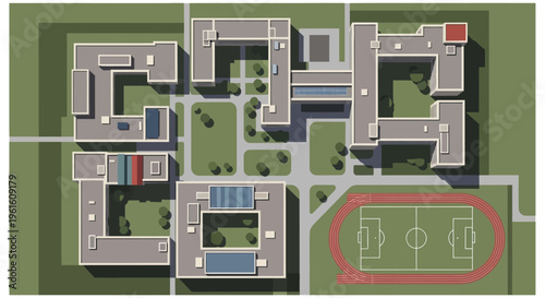Top Down Aerial View of Modern School Campus or Office Complex Architectural 3D Model with Sports Field and Landscaping