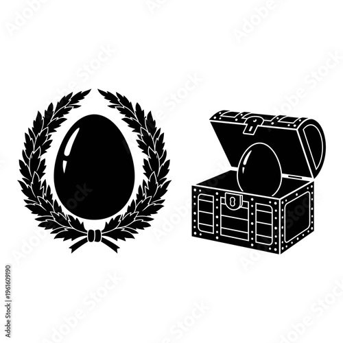 Black and white treasure icons, laurel wreath emblem, chest with jewels, vector graphics