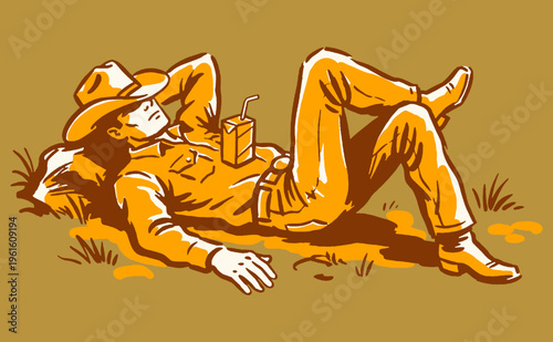 Country life relaxation. Cowboy resting in the grass, western summer vibes, vintage art print for t-shirt design, poster, and outdoor lifestyle.