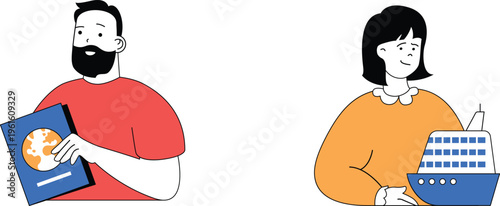 A man holding a passport while a woman holds a cruise ship model, both smiling happily together