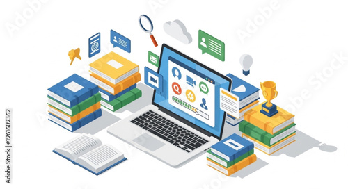 Schilderij op canvas Isometric Online Education Concept with Laptop, Books, and Learning Icons