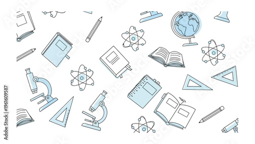 Educational Pattern: A seamless arrangement of various elements, including books, pencils, and scientific diagrams. Perfectly suited for backgrounds or educational resources. 