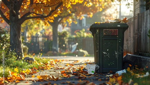 Sunny autumn scene depicting a trash bin overflowing with waste on a residential street. Fallen leaves and sunlight are prevalent