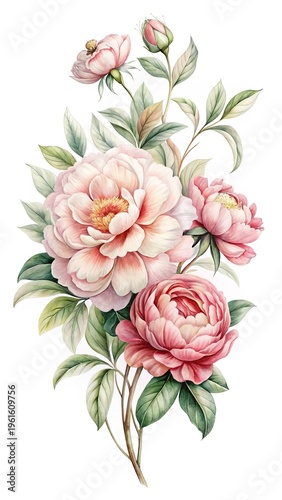Watercolor Painting of Delicate Pink Peonies with Lush Green Leaves on White