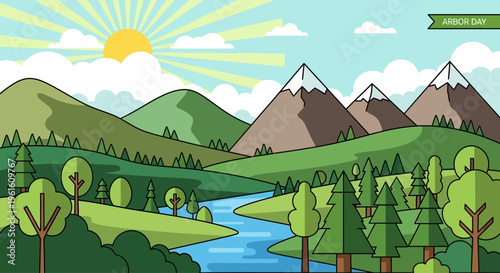 Arbor Day Nature Landscape with Mountains, River and Forest Flat Illustration