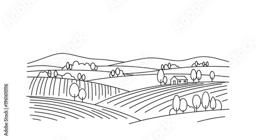 Rural Landscape with Rolling Hills and Farms.