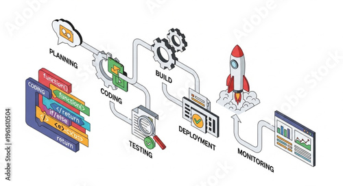 Software Development Lifecycle - Planning, Coding, Testing, Build, Deployment, Monitoring.