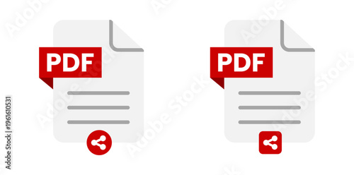Set of PDF document icons with share symbol, outline solid thin thick, transparent background used for sharing files online.