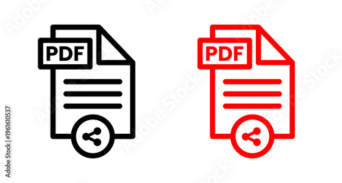Set of PDF document icons, black and red outline versions with share symbol. Outline,  thin, thick icons used for file sharing and digital documents on transparent background.