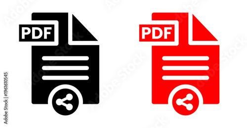 Set of PDF file icons in solid black and red with a share symbol, isolated on a transparent background, representing document sharing and digital information.