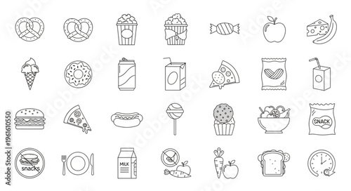 Collection of Food and Drink Icons in Sketch Style.