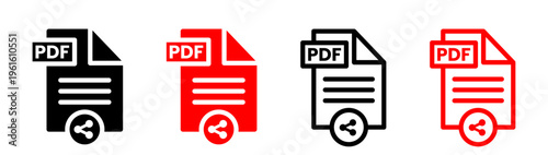 Set of PDF file icons with share symbol, outline and solid variations in black and red. Transparent background for easy use in digital design projects.