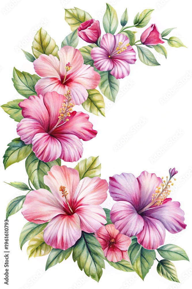 Fototapeta premium Watercolor Illustration of Pink Hibiscus Flowers Arranged in a Decorative Corner