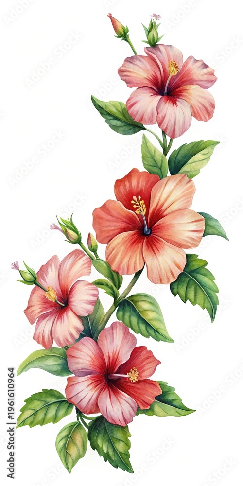 Fototapeta premium Elegant Watercolor Hibiscus Flower Arrangement, a Classic Tropical Floral Design