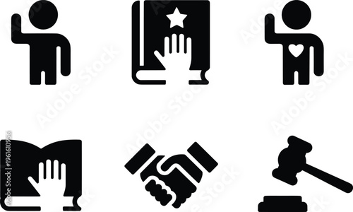 Law and justice silhouette illustration, six diverse icons including oath, book, handshake, gavel, and integrity symbols, ethics theme, vector art, black isolated bold design